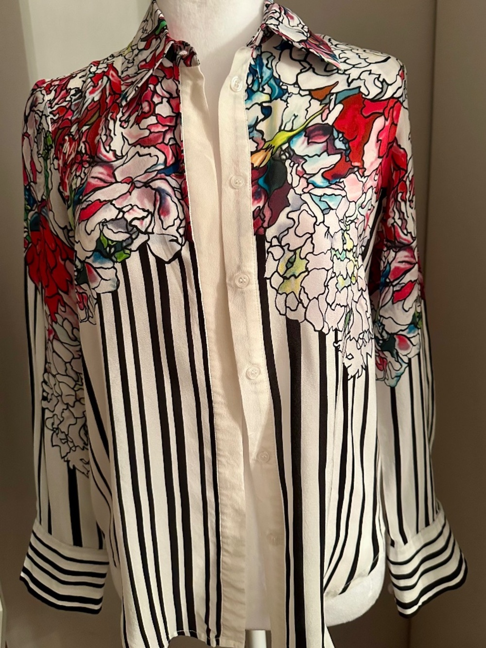 Lonyuash 100% Silk White/Black Striped Blouse with multicolor floral print